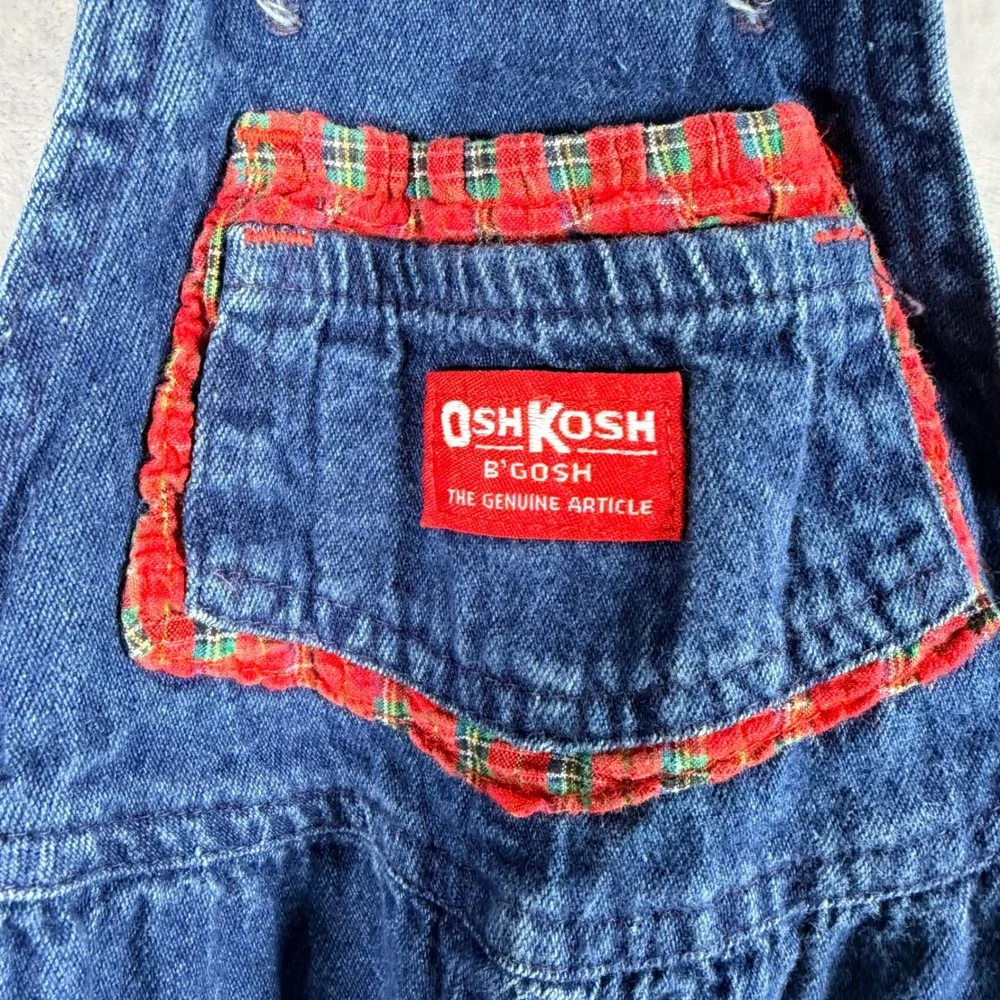 Vintage OshKosh B'gosh Vestbak Denim Overalls 2T Plaid Trim Made in USA Blue